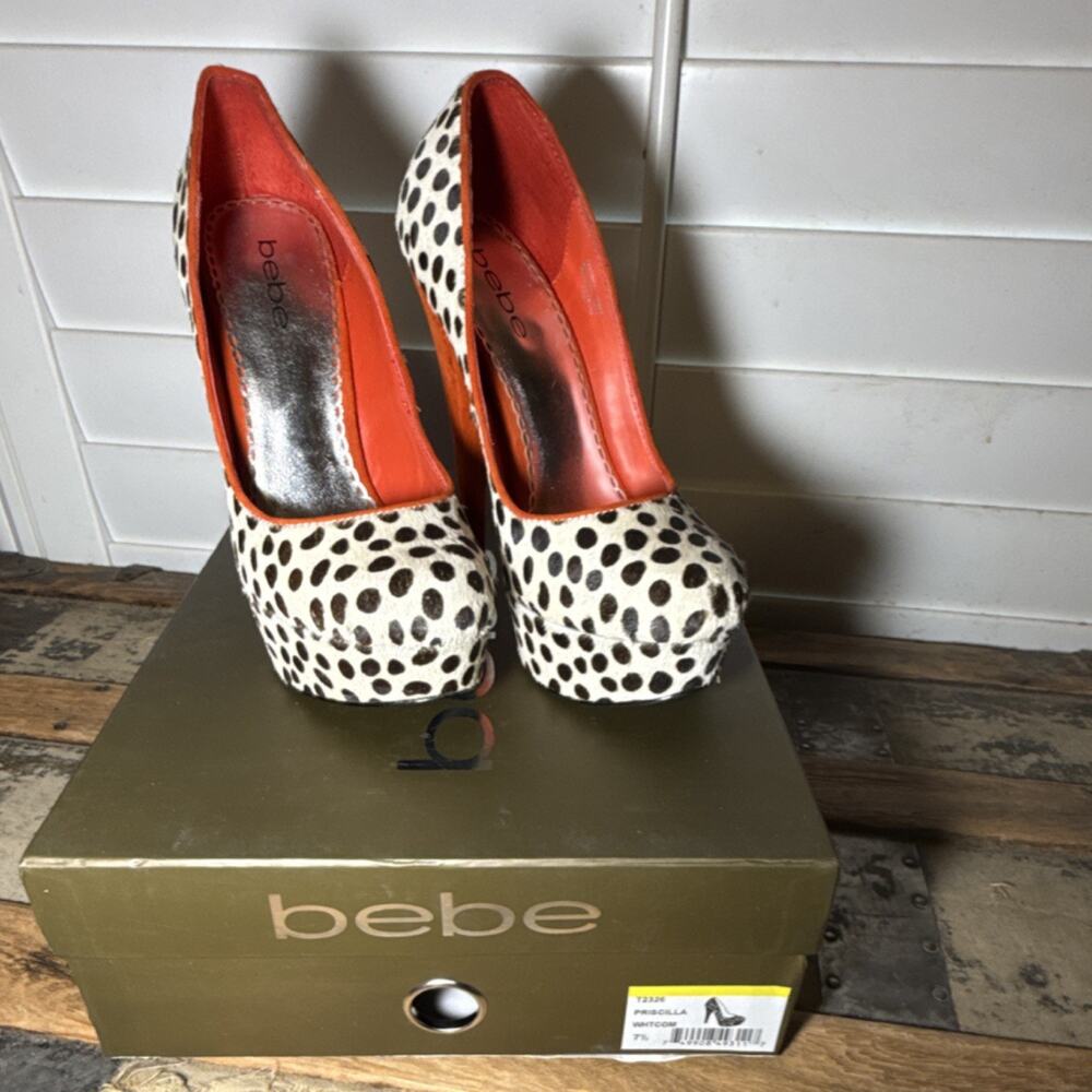 bebe Animal Print Platform Stiletto Pumps Slip On White Black Orange 7.5